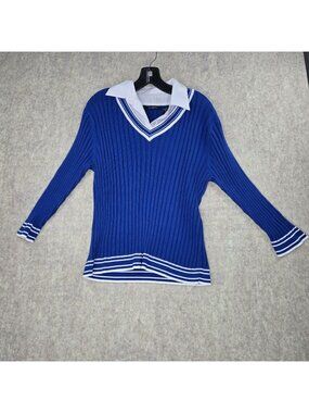 K.B. Collections Blue & White Ribbed Long Sleeve V-Neck Sweater XL